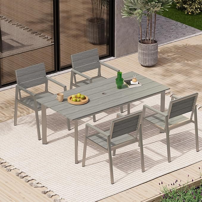 67" Rectangle HDPS Patio Dining Table, Aluminum Outdoor Patio Dining Table with Umbrella Hole, Weather-Resistant for Lawn, Garden, Yard, Poolside and Indoor Use (Gray & Teak) Oasbira