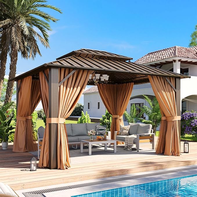 Aoxun 10x12 Gazebo Outdoor Hardtop Gazebo with Double Galvanized Steel Roof Metal Frame Pavilion with Breathable Netting and Privacy Curtain for Backyard (Brown) Aoxun