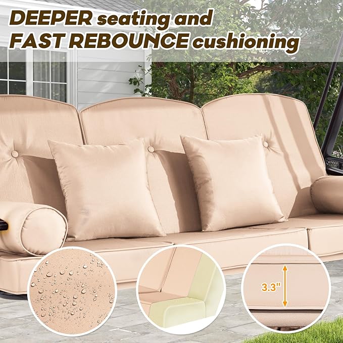 3 in 1 Outdoor Porch Swing with Adjustable Canopy, 3 Seat Outdoor Swing for Adults, Patio Swing Chair with Thickened Cushions,Pillows & Cup Holders for Backyard, Porch, Garden(Khaki) YALISSEY