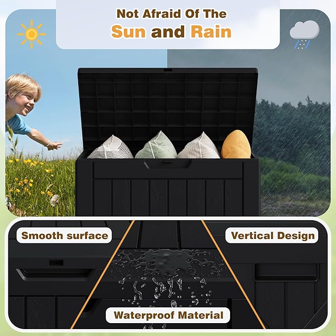 Flamaker Resin Deck Box 40 Gallon Waterproof Outdoor Indoor Storage Box Imitation Wood Resin for Patio Furniture Garden Tools and Pool (Black) Flamaker