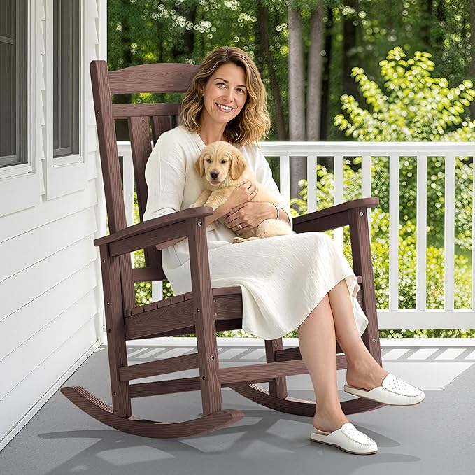 SERWALL Oversized Outdoor Rocking Chair, All-Weather Patio Rocking Chair, HDPE Porch Rocker for Adults, Coffee SERWALL