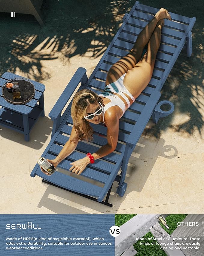 SERWALL Patio Chaise Lounge Chair Set of 6, 5 Positions Adjustable Poly Outdoor Lounger for Pool, HDPE Lounge Chair with Rolling Wheels & Cup Holder for Poolside, Deck, Blue SERWALL