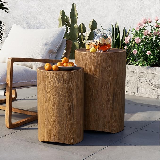 COSIEST Concrete Side Table, Set of 2 Round Outdoor Side Tables, Decorative Garden Stools for Indoor Outdoor, Accent Table Patio Side Table Nesting End Table w Light Oak Colored Faux Wood COSIEST