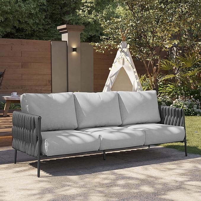 EAST OAK Life Chatter Outdoor Sofa, Outdoor Furniture 3 Seats with Waterproof Thick Cushions, Modern Patio Sofa Deep Seating for Outdoor Garden Porch Blackyard, Earth Black & Misty Grey EASTOAK