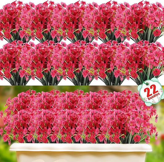 22 Bundles Artificial Flowers Outdoor Fake Plants, Faux Flowers UV Resistant with Plastic Plants, Faux Silk Flowers for Outdoors Outside Front Porch Hanging Planter Window Garden Decoration(Rose Red) Powbrace
