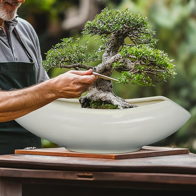 Bonsai Pots 18 Inch - Ceramic Succulent Pots with Drainage Hole Decorative Plant Pot Indoor Large Outdoor Planter Modern Flower Pot for Home Garden Room Decor Gray Teagas