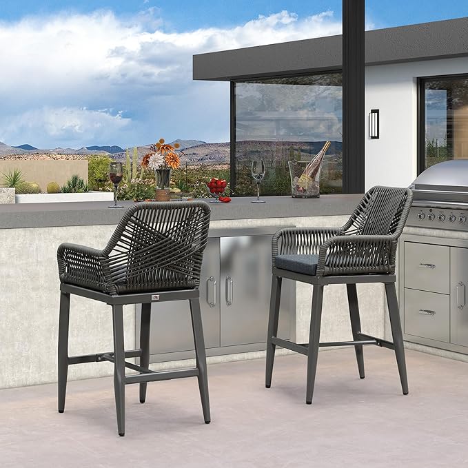 PURPLE LEAF Outdoor 24" Counter Height Bar Stools Chair Set of 2, All Weather Rattan and Aluminum Patio Bar Stool with Cushion for Indoor and Outdoor, Kitchen Island, Smoke Grey PURPLELEAF