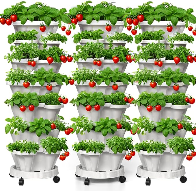 7 Tiered Strawberry Planters 3 Pack, Vertical Stackable Planter, Herb Stacking Tower Garden, Flower and Vegetable Planters with Support Pole Indoor & Outdoor with Removable Wheels - White Lykvrii