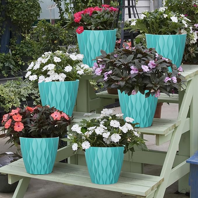 6 Pack 7 Inch Indoor Plant Pots with Drainage Holes, Outdoor Plastic Decorative Flower Pots, Garden Planters with Tray Saucers for Orchids, Violets, Succulents, Herbs, and Other Plants Rootora