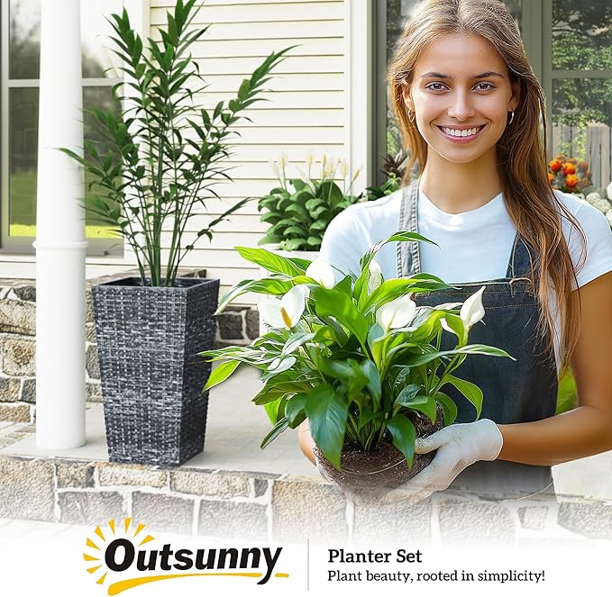 Outsunny Tall Planters for Outdoor Plants Set of 3, 24 in Taper Planters with Drainage Holes, Rattan Decor Plant Pots for Indoor Outdoor Front Porch Patio Backyard, Gray Outsunny