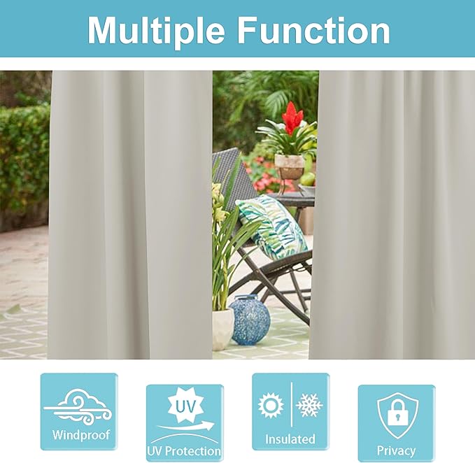 RYB HOME Outdoor Curtains for Patio Waterproof Block Sunlight Thermal Insulated Privacy Assured Thick Outside Curtains for Porch, Gazebo, Pergola, W52 x L84, Natural, 1 Panel RYBHOME