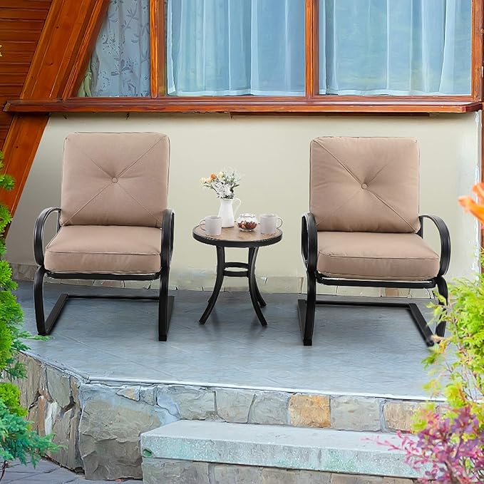 PHI VILLA Outdoor Round Side Table, 19" Small Metal End Table with Wood-Lile PVC Top for 2, All Weather Coffee Bistro Table for Patio, Deck, Porch, Balcony, Indoor PHIVILLAThepioneerofcomfortablehouseholdsupplies