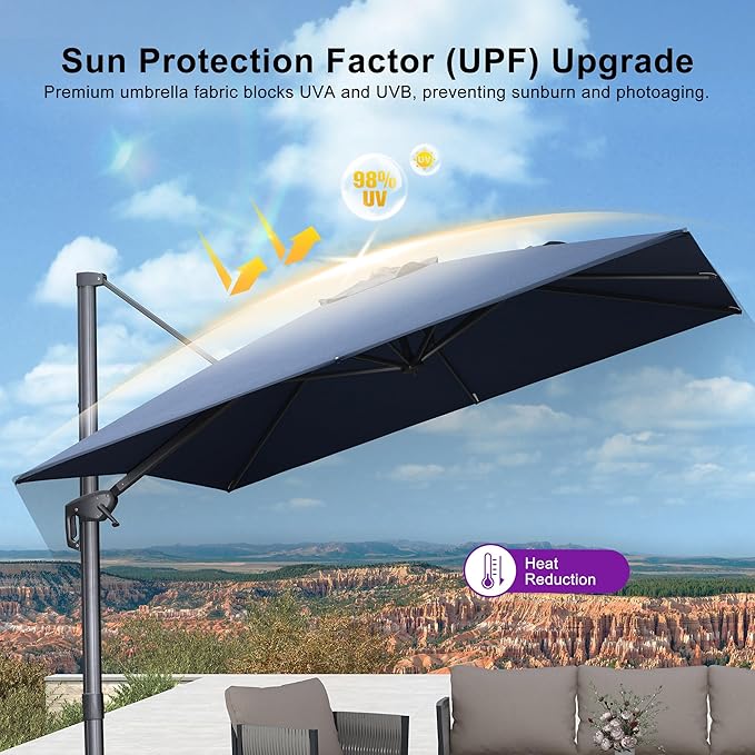 PURPLE LEAF 8 FT Outdoor Umbrella with Base Patio Cantilever Aluminum Umbrella with 3 Years Fade Resistance Recycled Fabric Offset Square with 360-degree Rotation for Deck Pool Garden, Ocean Slate Rootora
