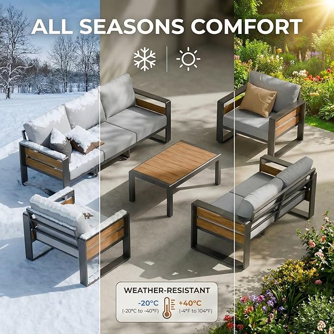 ZANDOR Aluminum Outdoor Patio Furniture Set, 5-Piece Metal Modern Outside Sectional Conversation Lawn Furniture with Coffee Table & Washable Thick Cushions,Seating Sofa for Garden/Backyard/Porch Grey ZANDOR%7CCraftingYourOutdoorElegance