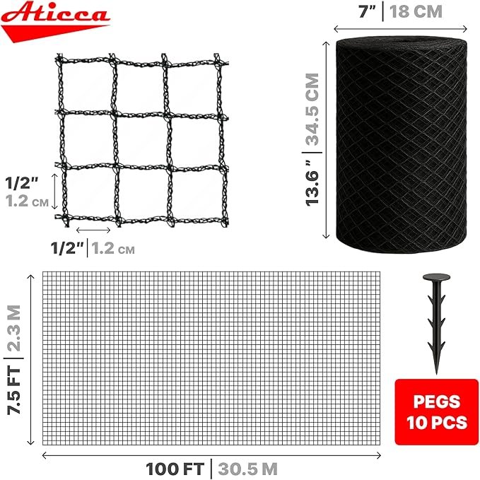 Heavy Duty Bird Netting for Garden Protection & Fruit Trees, 7.5x100 Ft with 10 Stakes – Black Anti-Bird Net for Poultry, Deer, & Squirrel Protection, Durable Nylon Mesh for Garden and Yard Use Aticca