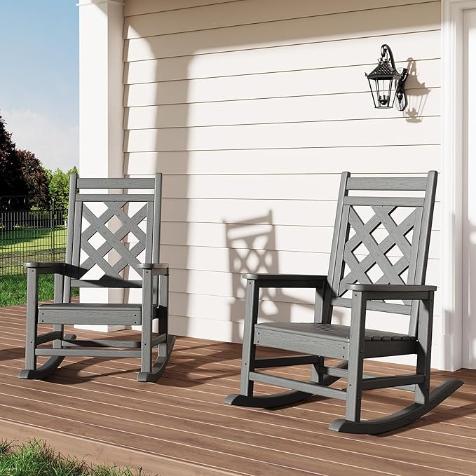GarveeLife Outdoor Rocking Chair Set of 2, HDPE Weather Resistant Patio Rocking Chair Porch Rocker with Wood Texture & 380 LBS Support for Deck, Pool, Backyard, Gray GarveeLife