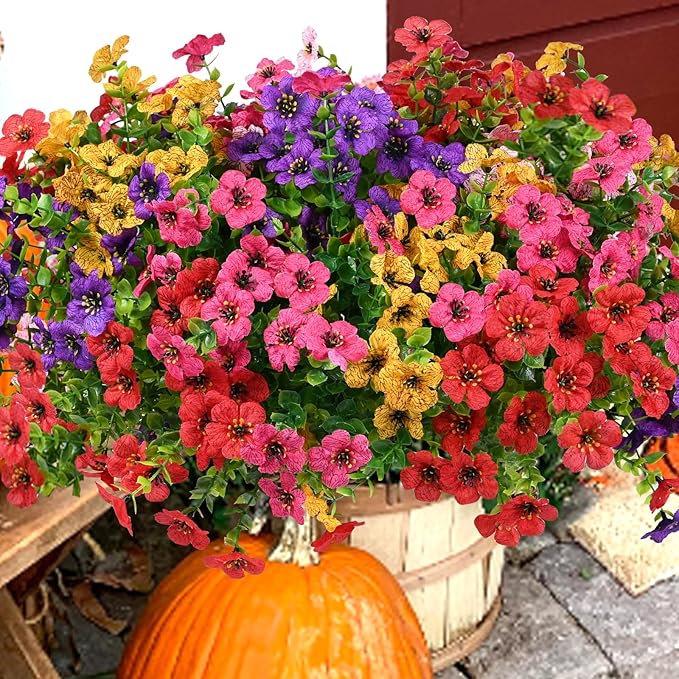 Artificial Flowers for Outdoor, UV Resistant Fake Silk Flowers, Realistic Faux Plants for Outside Indoor Porch Patio Window Box Planter Home Decor (14, Yellow Purple Rosy Red) Welcometothetrytuny