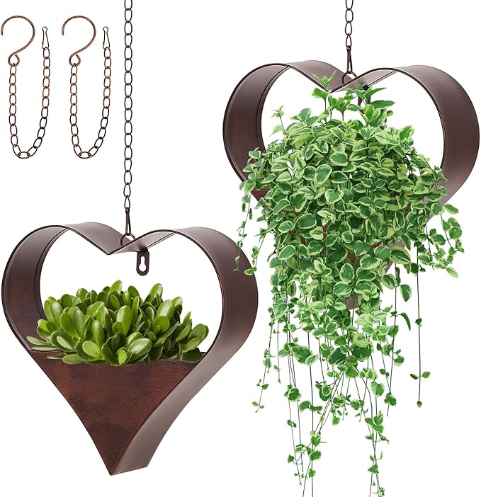 2 Pack Metal Plant Hangers Indoor and Outdoor Rustic Heart Shape Hanging Planters Holder Detachable Flower Pot with Hooks Chains Drain Hole Gifts for Valentine Women Mom Garden Lover Home Decor Romooa