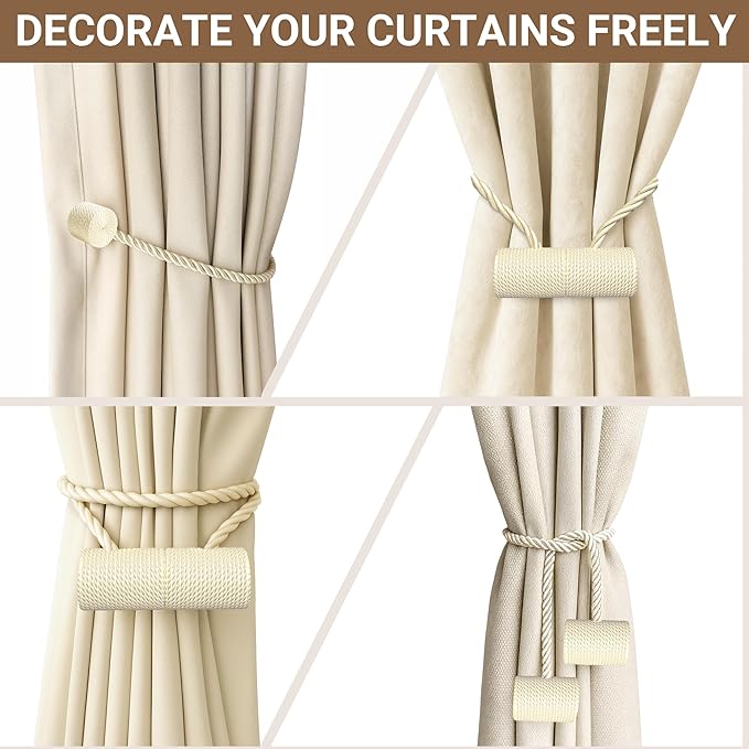 Hion Magnetic Curtain Tiebacks Beige 6 Pack, Curtain Tiebacks Buckles Holdbacks Holders Hooks Clip for Home Bedroom Office Decorative Thick or Thin Curtain Hion