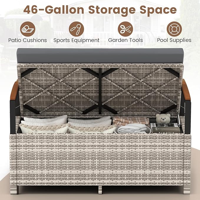 RELAX4LIFE Wicker Outdoor Storage Bench, Rattan Deck Box w/Protective Liner for Patio Furniture Pillows & Garden Tools, Porch Loveseat with Seat Cushion, Acacia Wood Armrests (Grey) RELAX4LIFE