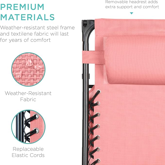 Best Choice Products Folding Zero Gravity Outdoor Recliner Patio Lounge Chair w/Adjustable Canopy Shade, Headrest, Side Accessory Tray, Textilene Mesh - Pink BestChoiceProducts