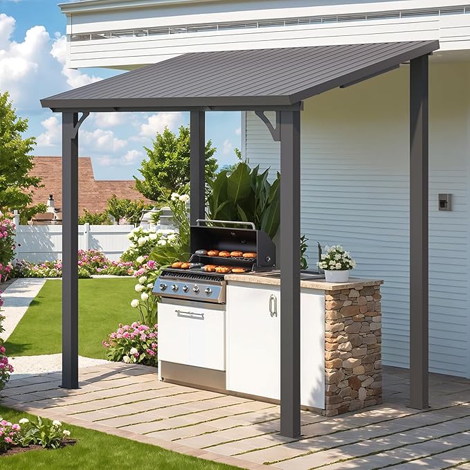 AECOJOY 8' x 5' Hardtop Grill Gazebo Outdoor Pergola, Small Heavy Duty Lean to Metal Pergolas and Gazebos Clearance, Wall-Mounted Grill Gazebo Galvanized Steel Patio Roof Awnings for Patio, Decks AECOJOY