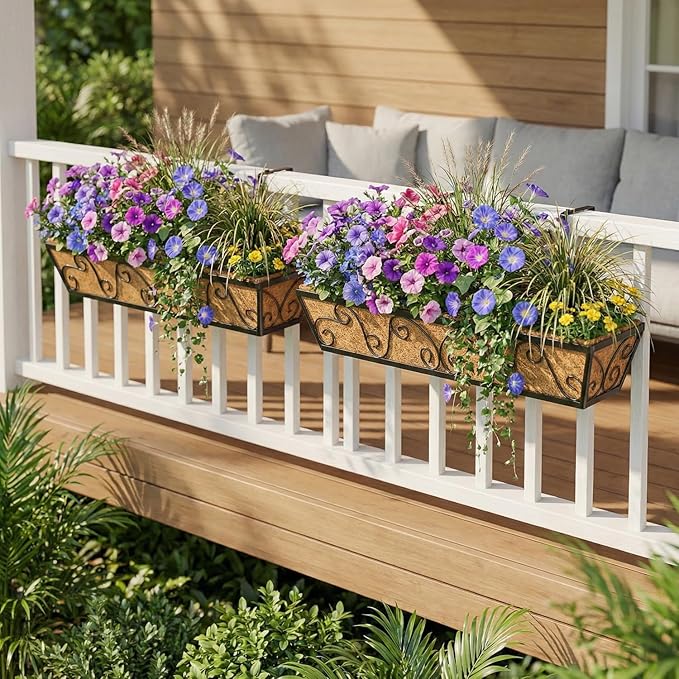 6pcs 30 Inch Window Deck with Coco Liner, 30" Window Boxes Horse Trough with Coconut Coir Liner, Metal Hanging Flower Planter Window Basket Deck Railing Planter Boxes for Outdoor Indoor Lawn LAWYAMAI