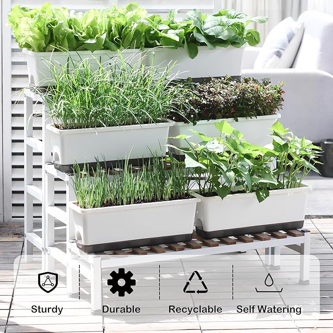 Window Box Planter 4 Packs, 17 Inches Rectangle Flower Pots with Drainage Holes & Trays, Pots for Vegetables, Herbs, Flowers, Garden Windowsill Balcony (White, 17 * 5.1 * 6 inch) Oliz