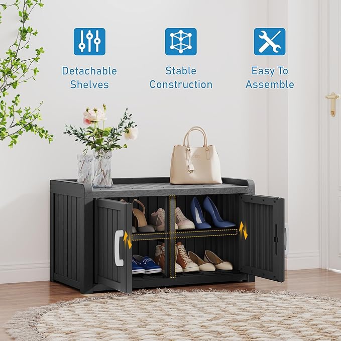 2-Tier Storage Bench, Waterproof UV-Resistant Outdoor Shoe Storage Cabinet with 2 Doors & Adjustable Shelves for Indoor Outdoor Entryway, Hallway, Living Room (Midnight Black) NBYSGO