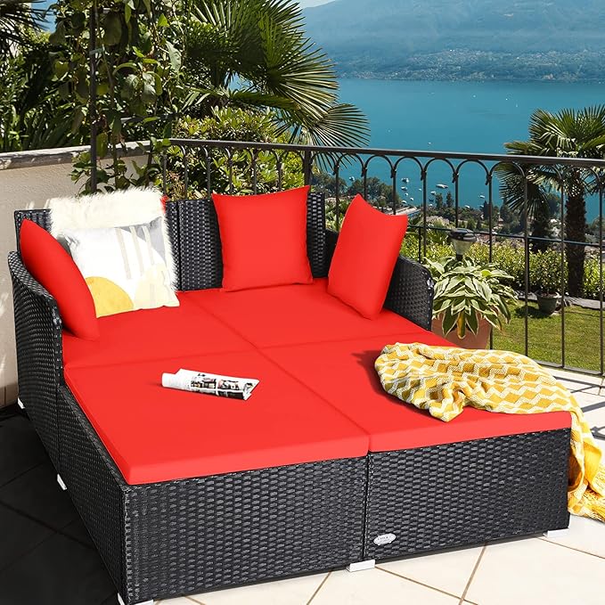 HAPPYGRILL Outdoor Rattan Daybed Patio Loveseat Sofa Set with Padded Cushion Pillows and Sturdy Aluminum Foot, Wicker Patio Furniture for Garden Porch Poolside HAPPYGRILL