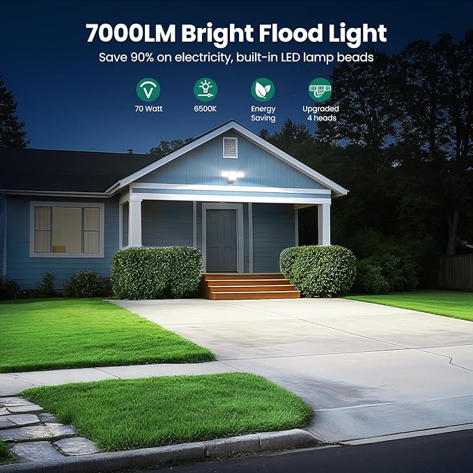 70W 7000LM LED Flood Lights Outdoor 2 Packs, Switch Controlled Security Lights with 4 Heads, Adjustable Heads, 6500K Daylight IP65 Waterproof Outside Wall Light for Backyard, Yard, Garage, Patio omibeeSolarlightsoutdoor