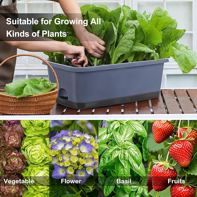 Window Box Planter 8 Pcs, 17 Inches Rectangle Flower Pots with Drainage Holes and Trays, Vegetable Planters for Windowsill Patio Garden Balcony Home Porch Yard Indoor Outdoor (Grey) Oliz