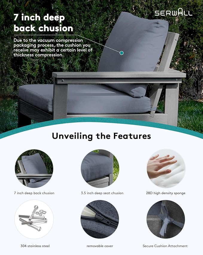 SERWALL HDPE Patio Sofa Set, 4-piece Sectional Outdoor Furniture Set, All Weather Outdoor Couch Set Patio Furniture Set for Deck, Lawn, Grey Frame with Grey Cushion SERWALL