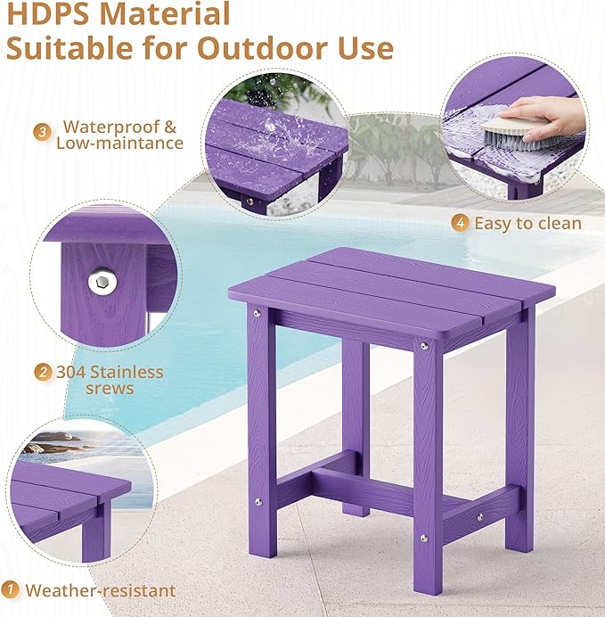 LUE BONA Outdoor Side Table, HDPS Small Outdoor Adirondack Side Tables, Outside End Table for Patio, Porch, Deck, Pool, Weather Resistant/Easy Maintenance,Purple LUEBONA