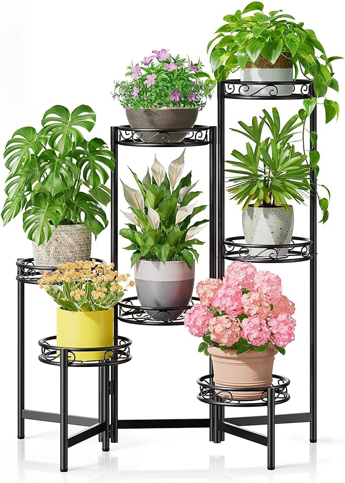 Metal Plant Stand, 7 Tier Tall Wrought Iron Plant Shelf Holder for Indoor, Outdoor Folding Tall Display Rack Flower Pot Stand for Corner Office Balcony Patio - BlackCircle Rootora