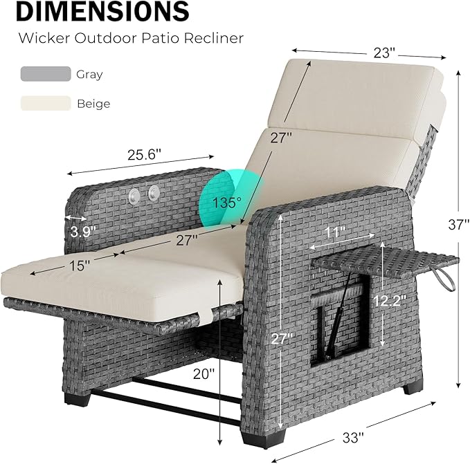 Restland Outdoor Recliner with Independent Adjustable Back & Footrest Wicker Patio Reclining Chair with Flip Table Comfortable Lounge Chair & Thick Cushion for Deck, Porch (Beige) Restland