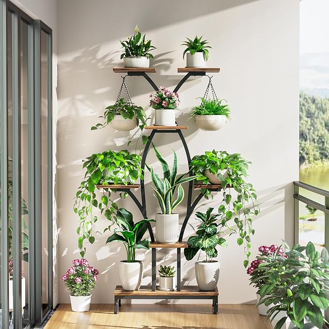 Plant Stand Indoor with Grow Lights - 7 Tiered Metal Corner Shelf for Multiple Plants, 63" Corner Plant Stand for Indoor Plants, X-Shaped Plant Rack for Home, Living Room, Office & Patio Decor Rootora