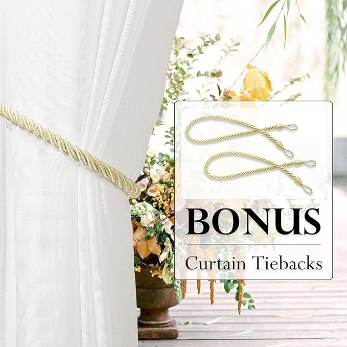 RYB HOME Sheer Curtains for Patio Outdoor, Linen Textured White Panel Grommet Top Waterproof Light Diffused Drapes for Porch Gazebo Deck, 2 Pieces with Tieback Ropes, W52 x L 96 inches RYBHOME