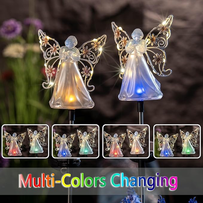 Solar Angels for Cemetery Grave Sympathy Memorial Remembrance Gift Solar Angels for Outside as Yard Decorations Lawn Ornaments Solar Garden Decor, Angel Gifts for Women 2 Pack (Pink Flower) ELFENGARDEN