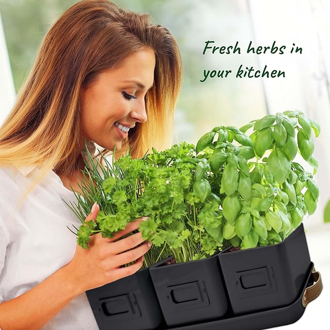 volila Herb Planter Indoor - Set of 3 Black Indoor Herb Garden Pots for Plants with Leather Handled Tray - Window Sill Plant Shelf - Herb Pots with Drainage Holes and Labels volila
