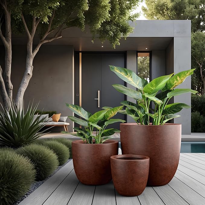 Kante 18",14",10" Dia Concrete Round Planters (Set of 3), Outdoor Indoor Large Planter Pots with Drainage Hole and Rubber Plug for Home Patio Garden, Rusty Kante