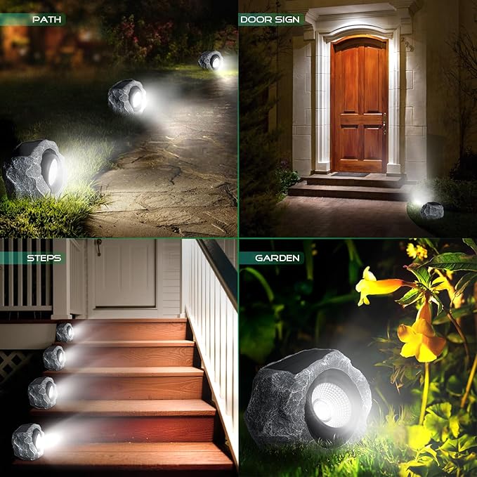 4 Pack Solar Rock Lights Outdoor, Angle Adjustable Solar Lights Outdoor Waterproof, LED Solar Garden Lights, Auto On/Off Landscape Lighting for Yard Pathway Patio Flower Bed - White Glow (Stone Gray) DGSCAK