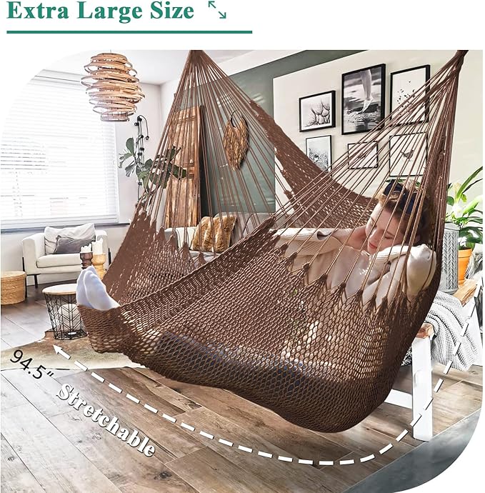 Upgraded Caribbean Hammock Chair with Detachable Metal Bar, Large Hammock Swing Chair, XL Rope Hanging Chair for Outdoor Indoor, 330 LBS Weight Capacity, SaddleBrown Bathonly
