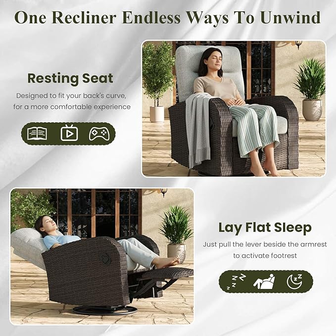 LayinSun Oversized Wicker Outdoor Swivel Glider Recliner with Adjustable Backrest & Footrest, Patio Reclining Lounge Chair - Set of 2 LayinSun