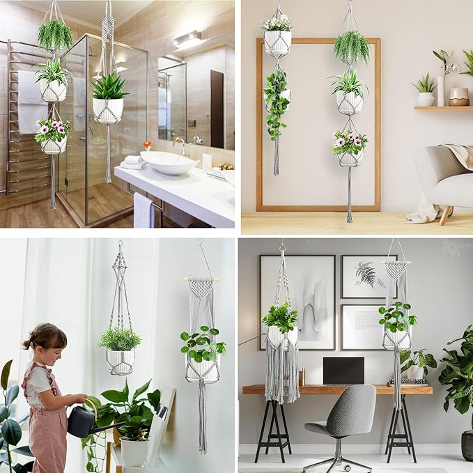 Macrame Plant Hangers, 6Pack Hanging Plant Holders Indoor w/ 6 Set Hooks Handmade Cotton Rope Plant Hangers Set Flower Pots Holder Stand Boho Home Decor Hanging Planters for Indoor Outdoor Plants TAOZIM
