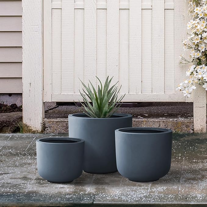 Kante 13",11",9" Dia Round Concrete Large Plant Pots Outdoor Indoor Planters Bowl with Drainage Hole for Patio, Set of 3,Charcoal Kante