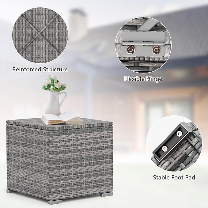 Tangkula 2 Pieces Patio Ottomans, Patiojoy Hand-Woven PE Rattan Side Table with Removable Cushion & Hidden Storage Space, Multifunctional Storage Box, Seat for Patio, Backyard, Poolside (Black&Grey) TANGKULA
