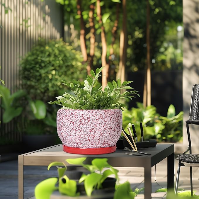 SQOWL Ceramic Planters for Indoor Plants - 10 Inch Flower Pots with Drainage Hole and Saucer, Decorative Ceramic Plant Pots, Round Large Planter Outdoor, Room Decor, Housewarming Gifts, Red and White SQOWL