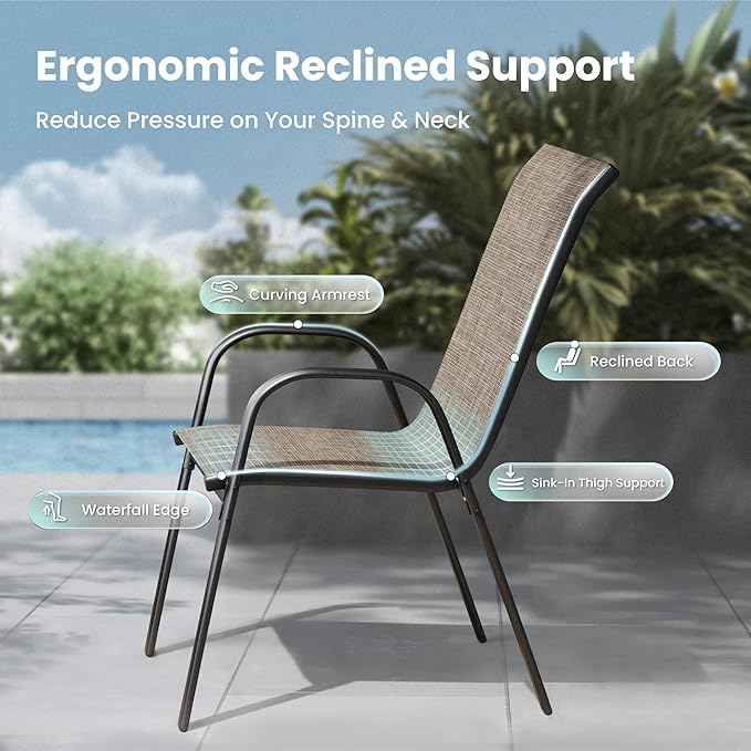 PHI VILLA Patio Chairs Set of 4, Outdoor Stackable Dining Chairs with E-Coating Metal Frame and Upgraded Textilene Fabric, All Weather Deck Chair 350 LBS Capacity for Porch Poolside Garden PHIVILLAThepioneerofcomfortablehouseholdsupplies