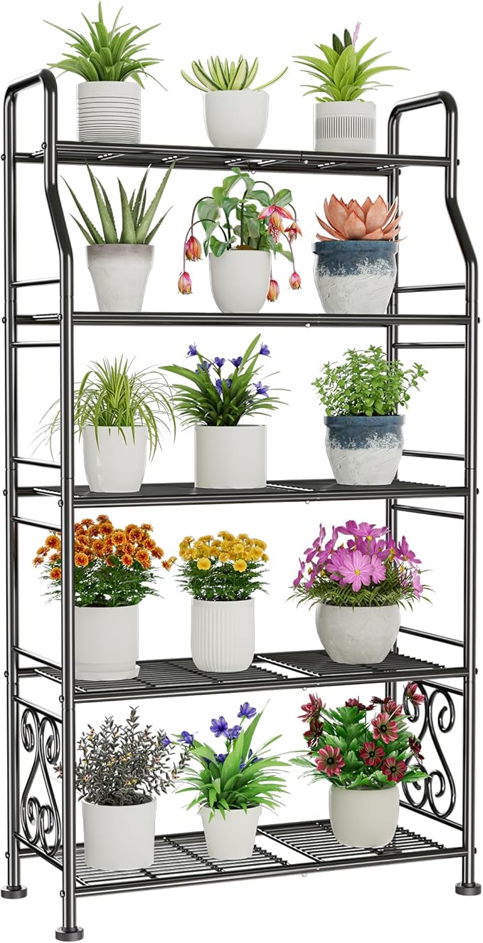 GIOTORENT Plant Stand Outdoor Indoor 5 Tier Metal Waterproof - 53.2" Plant Shelf for Patio, Balcony, Living Room, Large Capacity Tiered Plant Rack, Black GIOTORENT